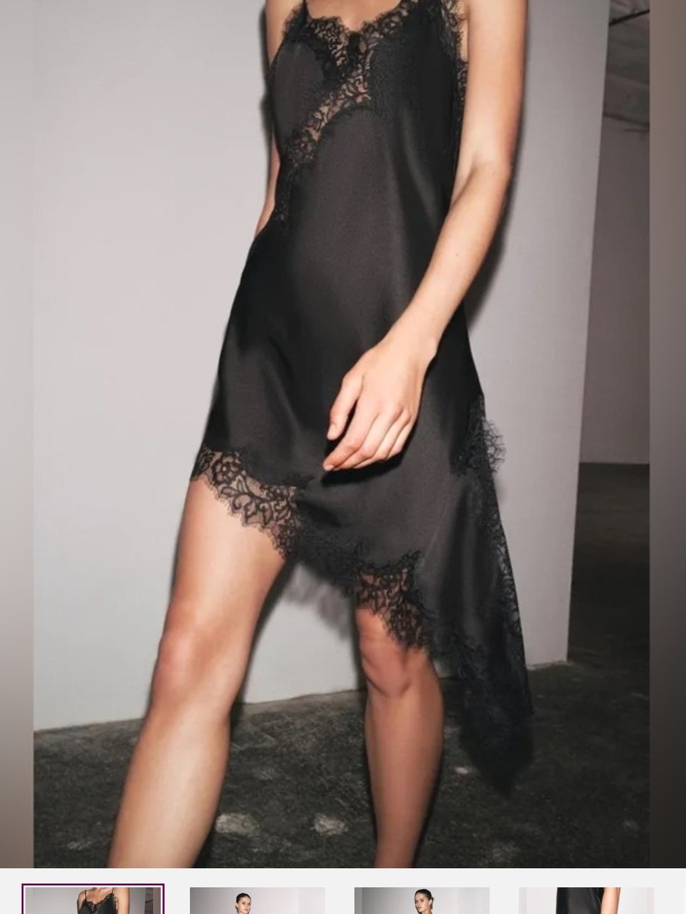 Zara Black Satin Lace-Trim Asymmetric Slip Dress